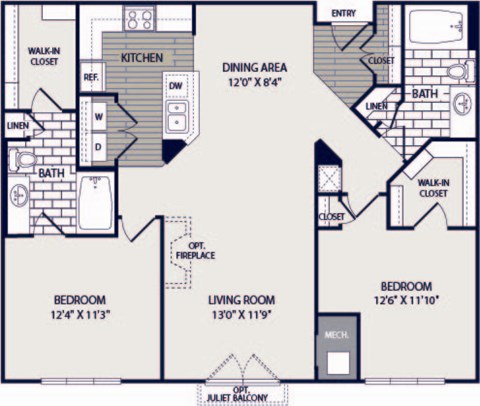 Floor plan for 2 beds, 2 baths, 1164 sqft
